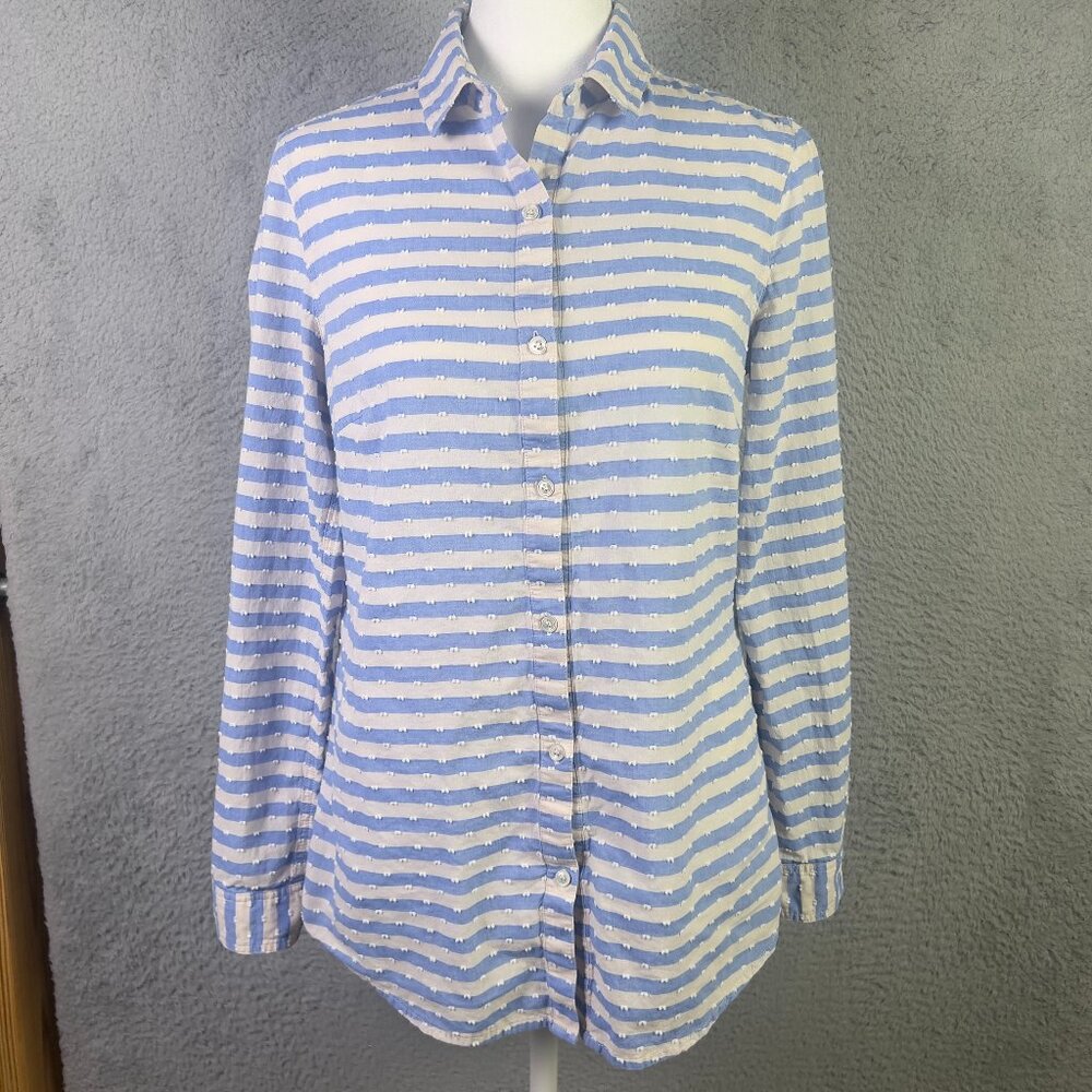 J Mclaughlin Top Womens XS Blue Beige Textured Button Long Sleeve Preppy